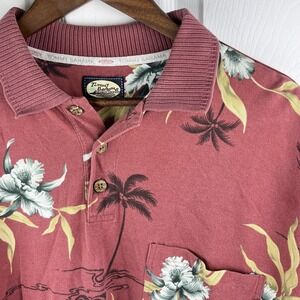 Tommy Bahama‎ Polo Shirt Mens Medium Red Floral Hawaiian Pocket Tropical Beach